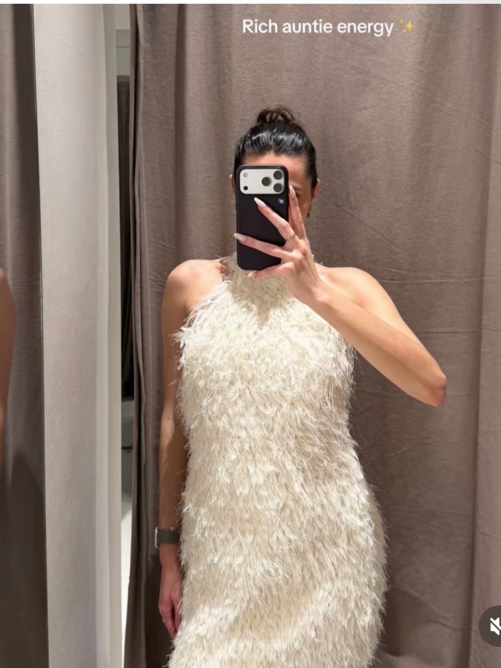Zara Halter Feather Textured Shag Fringe White Ivory Mini Dress Size Medium - Picture 3 of 14